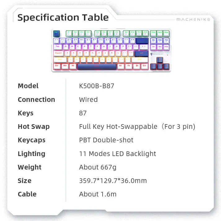 Teclado Mecânico Gamer Machenike K500B-B87 - Branco e Azul -  Switch Brown - 87 Teclas (80% Compacto) - Hotswap - RGB -  Wired (USB-C) - ABNT2 (Imagem 5)